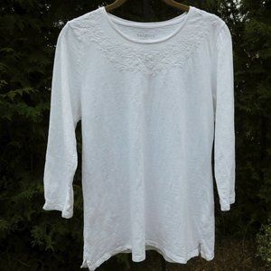 Talbots Slub Knit Cotton Top with Pretty Tonal Embroidery
